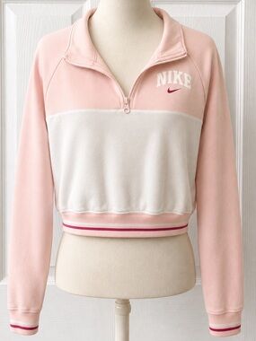 Nike Light Pink and White Quarter-Zip Cropped Pullover Vintage